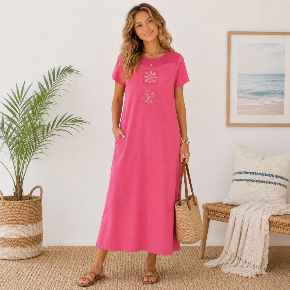 Blue Cactus Pink Dress Sz M Nature/Floral Design Linen/Cotton Casual Vintage
